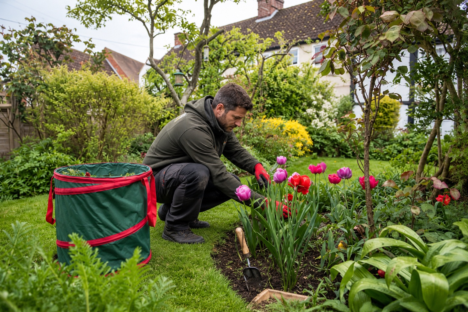Garden professional hand-weeding a planted flower border