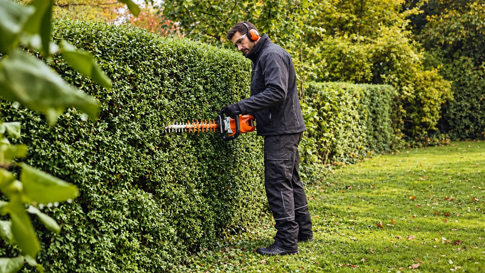Garden professional carefully trimming a mature hedge