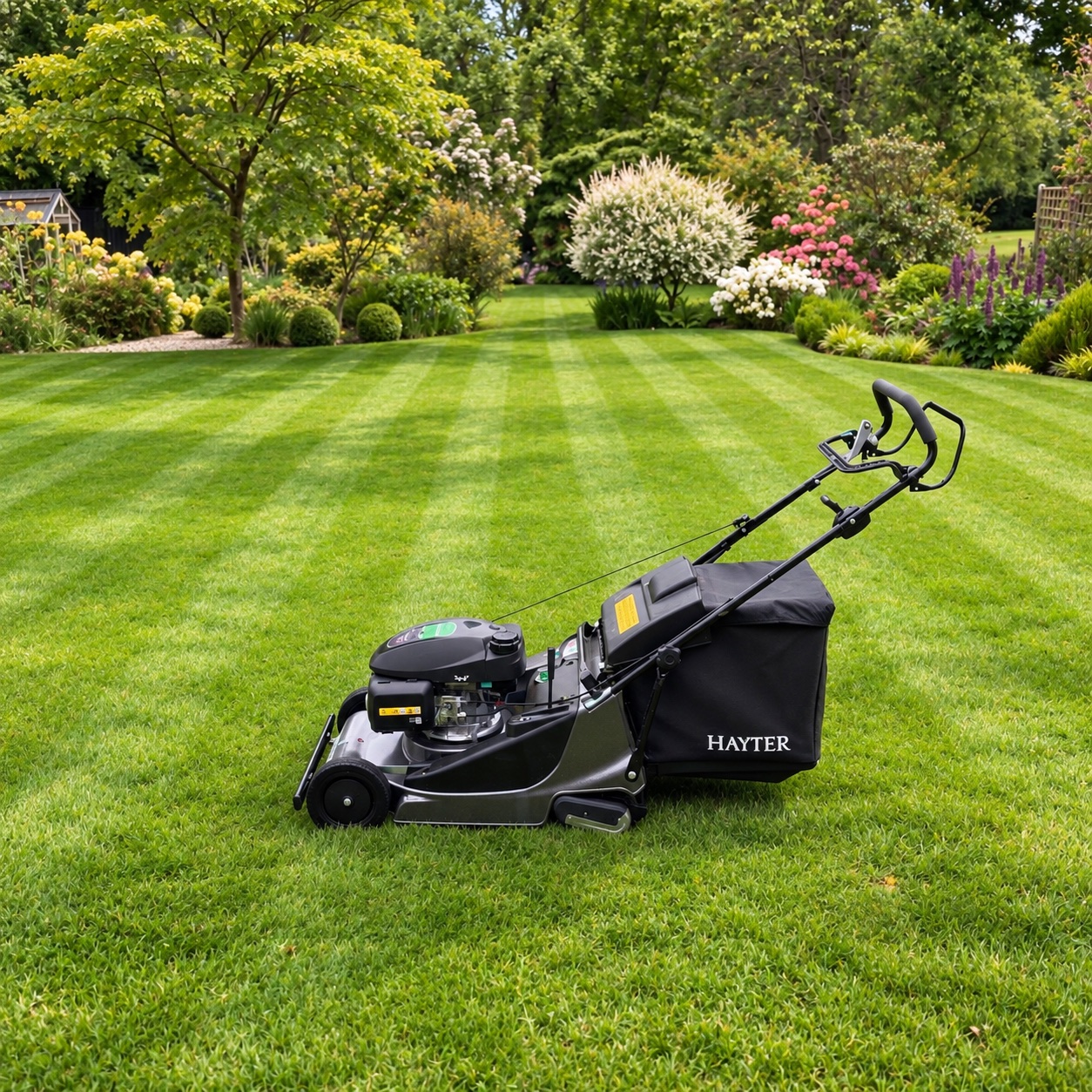 Professional lawn mower on a freshly cut striped lawn