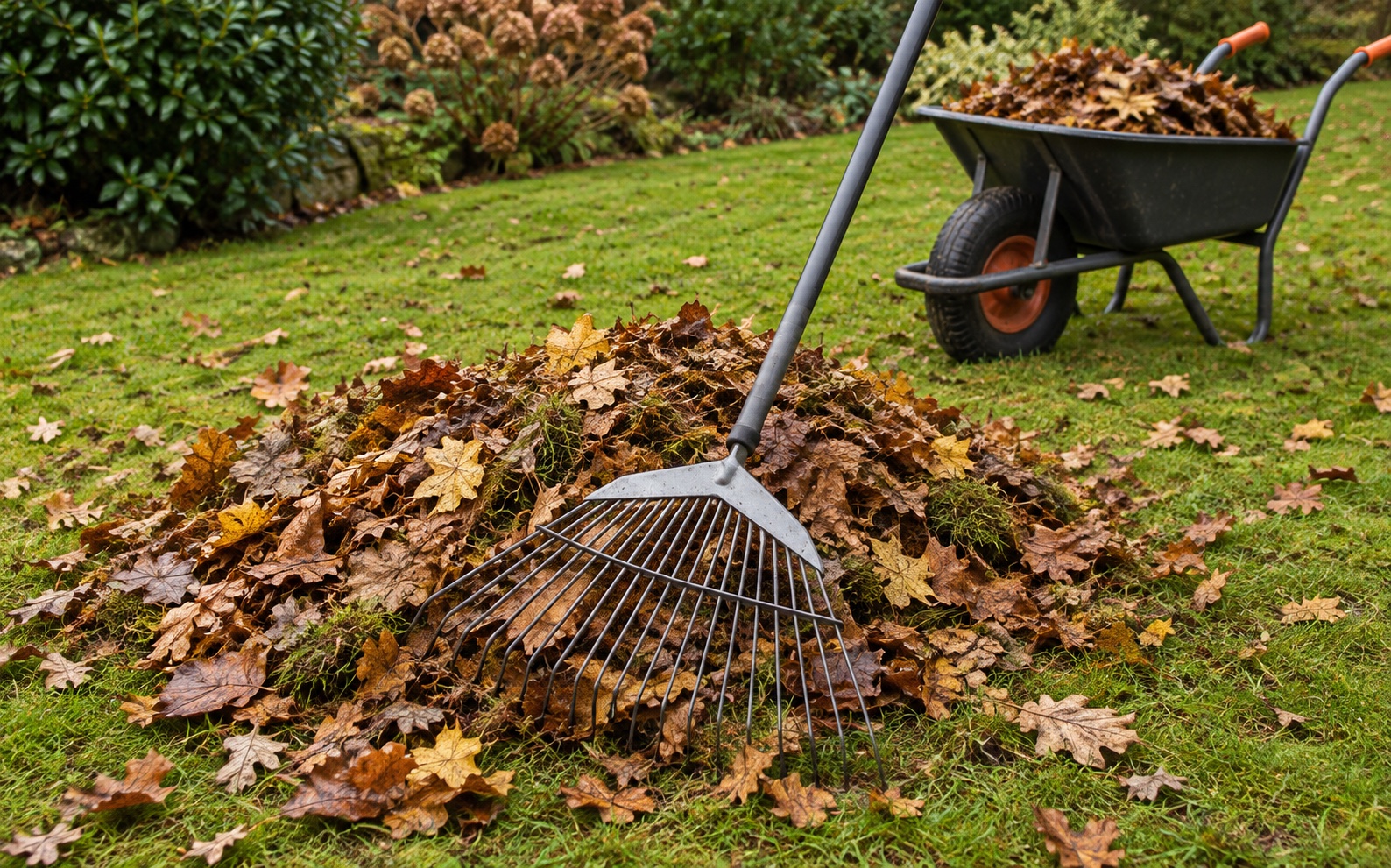 Professional rake and wheelbarrow used to collect autumn leaves