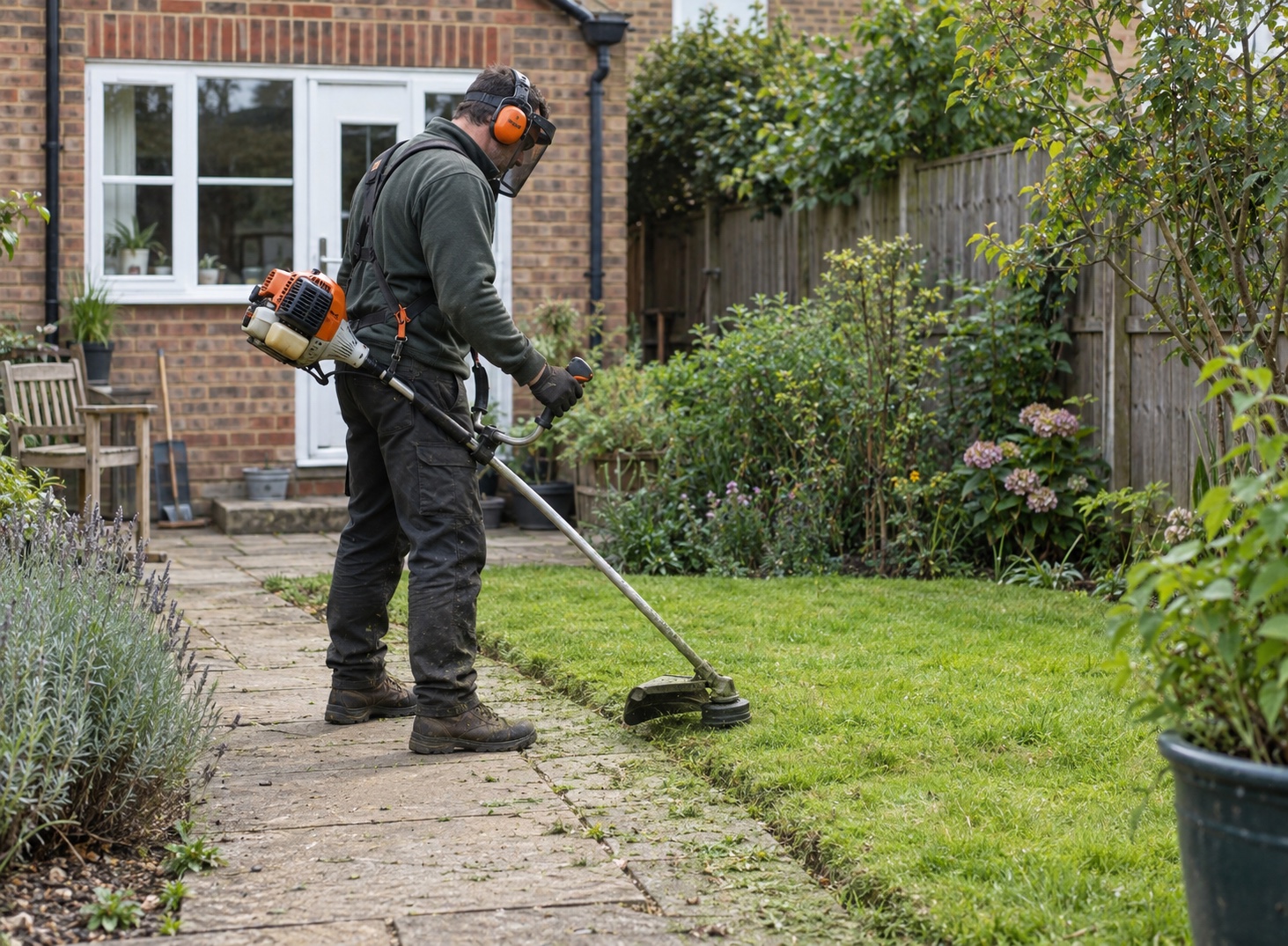 Professional gardener trimming the edge of a lawn