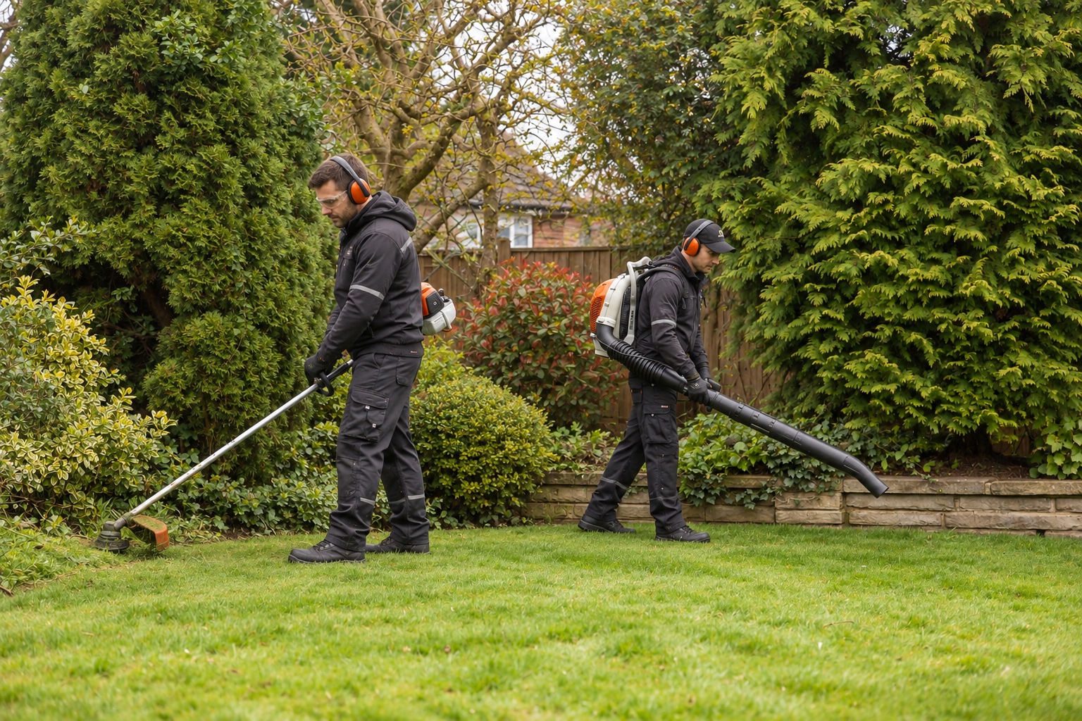 Fab Garden team using a strimmer and leaf blower in a residential garden