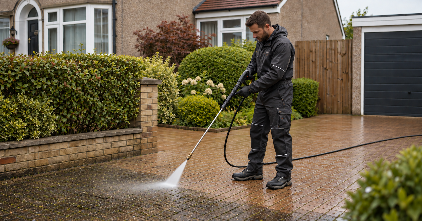 Jet washing a block-paved driveway beside a front garden