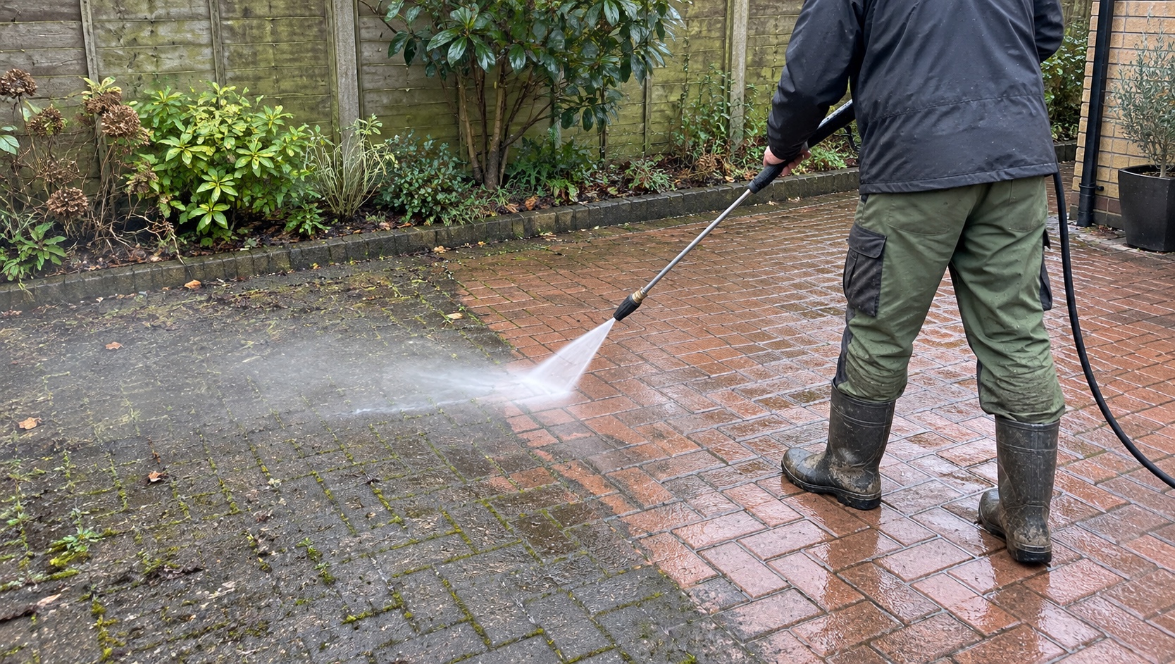 Professional jet washing in progress on block paving